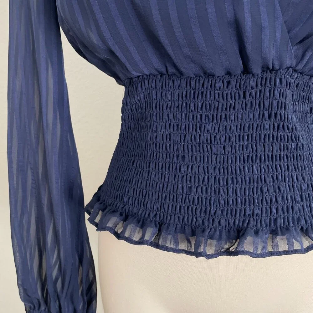 Bardot Womens 6 Navy Blouse Smocked Waist Long Sleeve Shirt Top - Picture 3 of 11